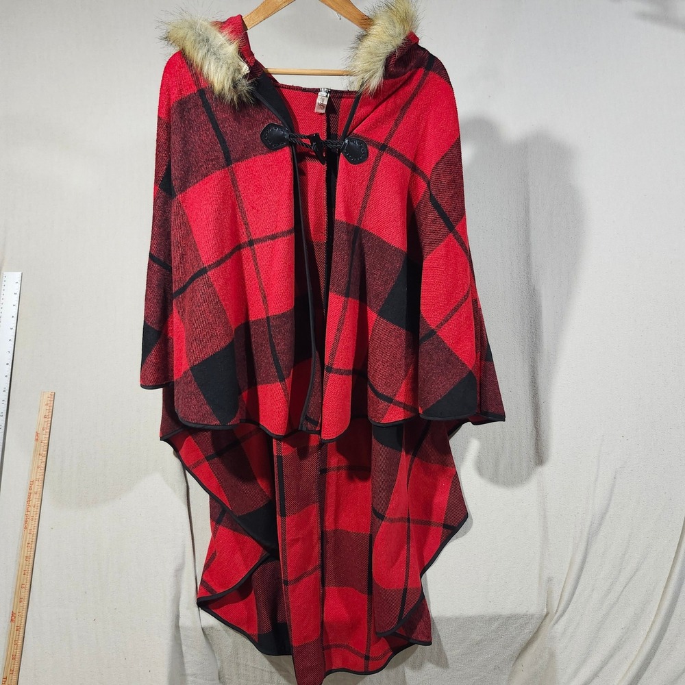 Jiali Red Black Buffalo Plaid Hooded Cape Faux Fur Trim Toggle Women XL Fall